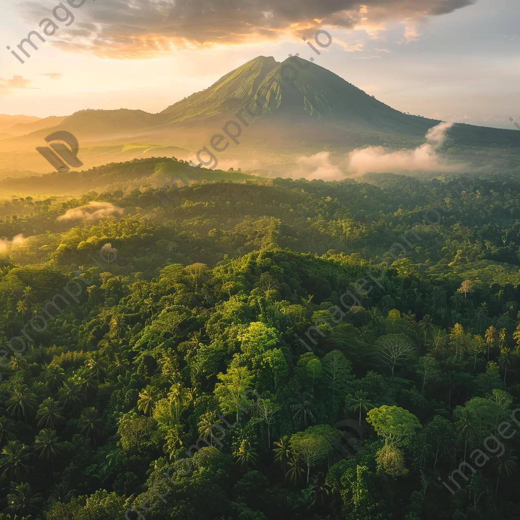 Panoramic shot of a dormant volcano with greenery at golden hour - Image 4