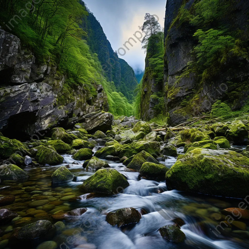 Babbling mountain stream flowing alongside moss-covered rocks and granite cliffs. - Image 1