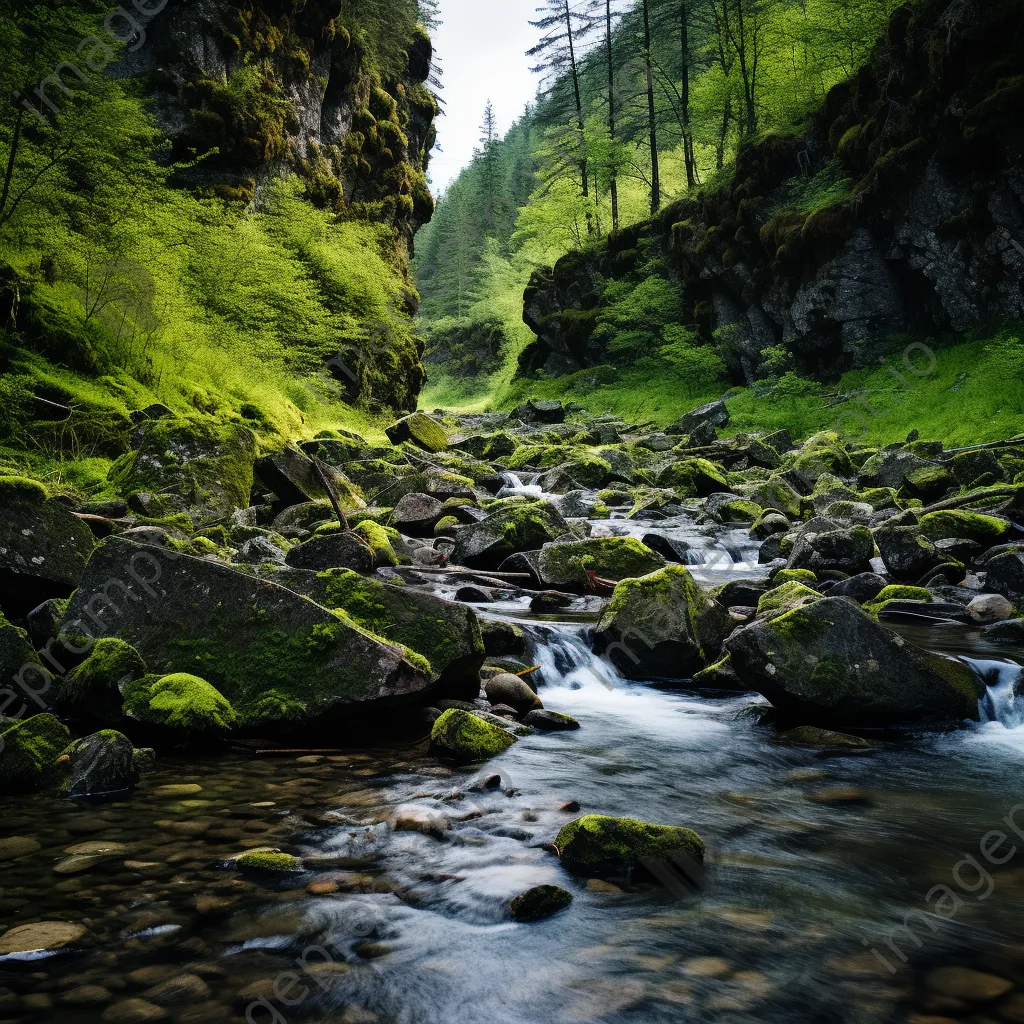 Babbling mountain stream flowing alongside moss-covered rocks and granite cliffs. - Image 2