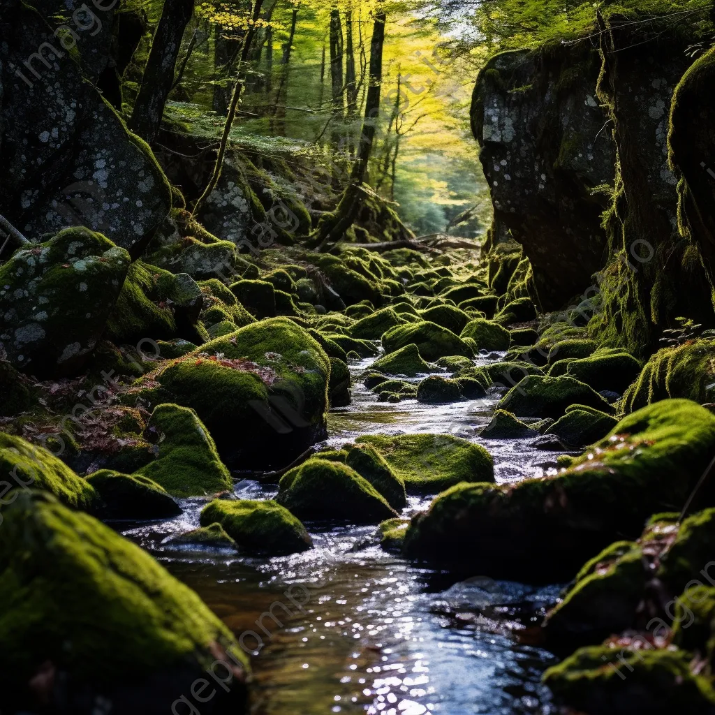 Babbling mountain stream flowing alongside moss-covered rocks and granite cliffs. - Image 3