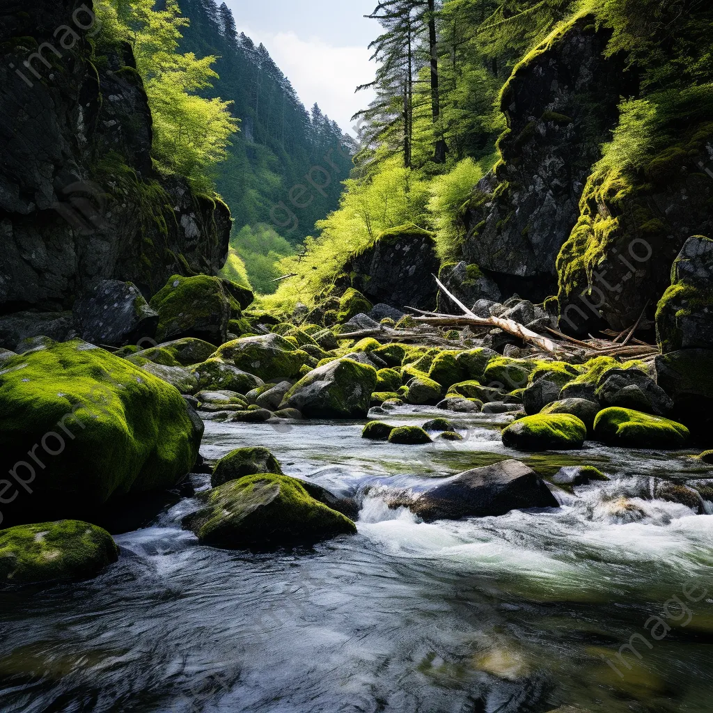 Babbling mountain stream flowing alongside moss-covered rocks and granite cliffs. - Image 4