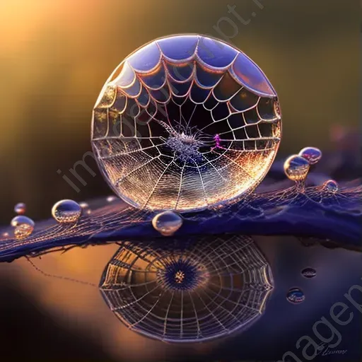 Close-up of a dew-covered spider web with morning sun reflections - Image 1