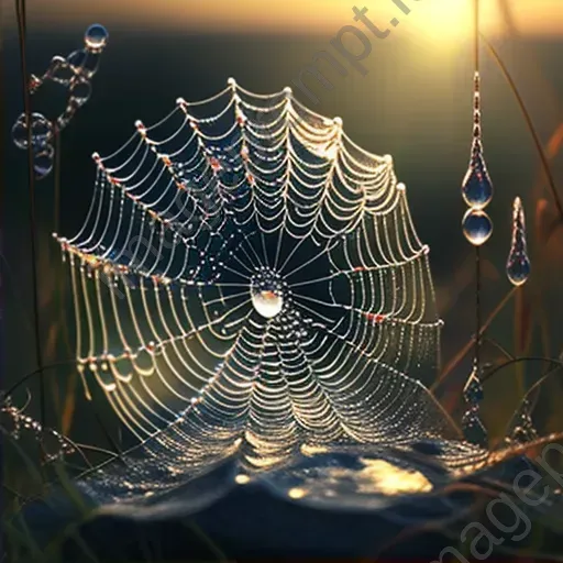 Close-up of a dew-covered spider web with morning sun reflections - Image 2
