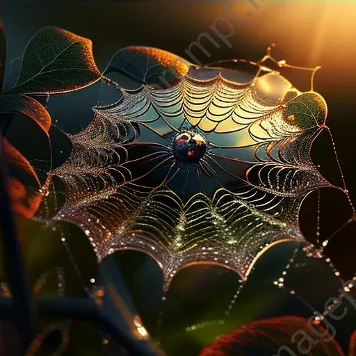 Close-up of a dew-covered spider web with morning sun reflections - Image 4
