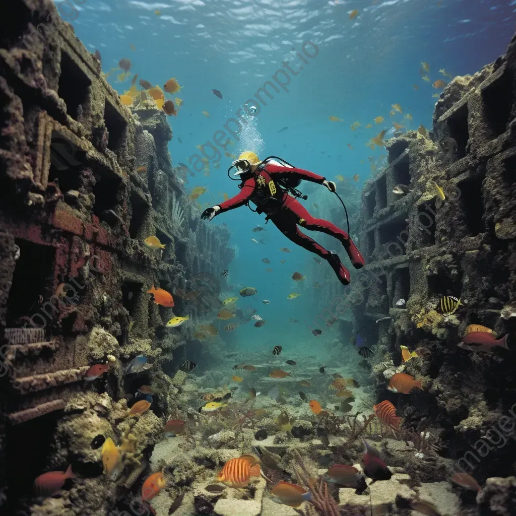 Diver exploring a vibrant, underwater city with colorful coral reefs and exotic marine life - Image 1