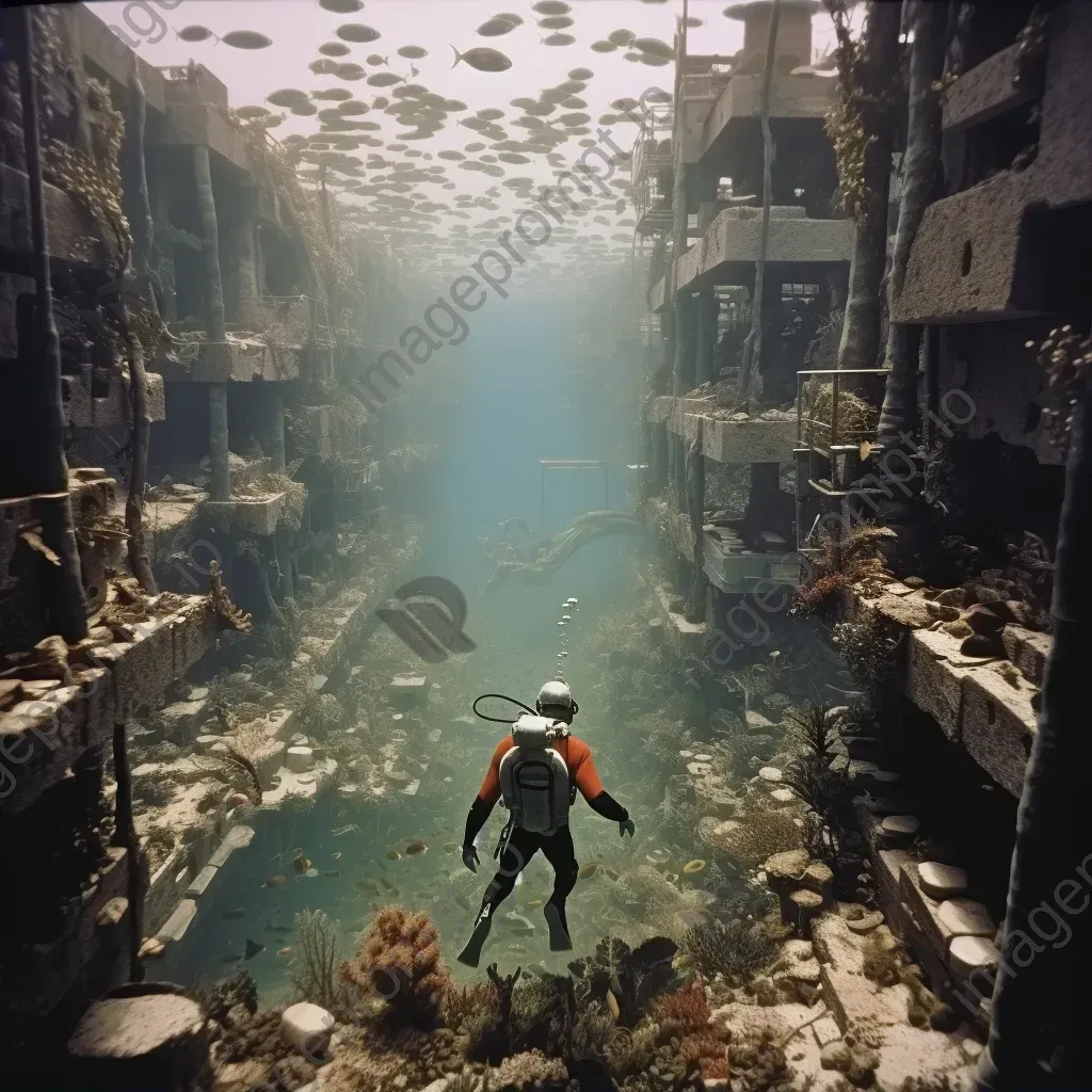 Diver exploring a vibrant, underwater city with colorful coral reefs and exotic marine life - Image 2