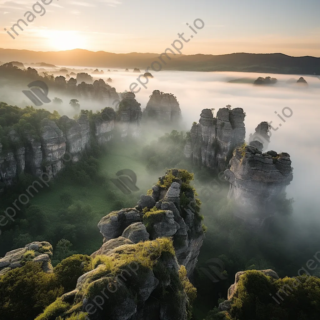 Limestone rock formations at dawn with mist in the valleys. - Image 1