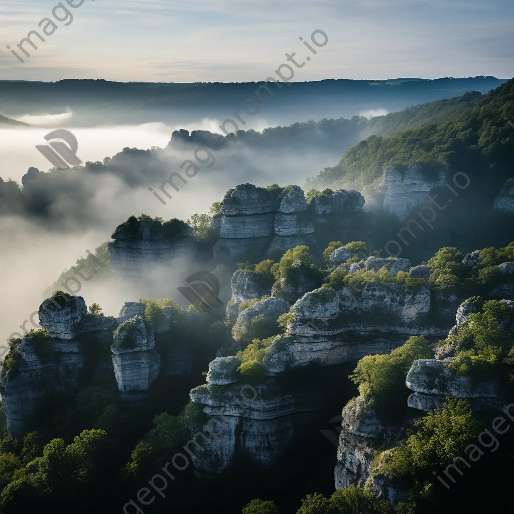 Limestone rock formations at dawn with mist in the valleys. - Image 2