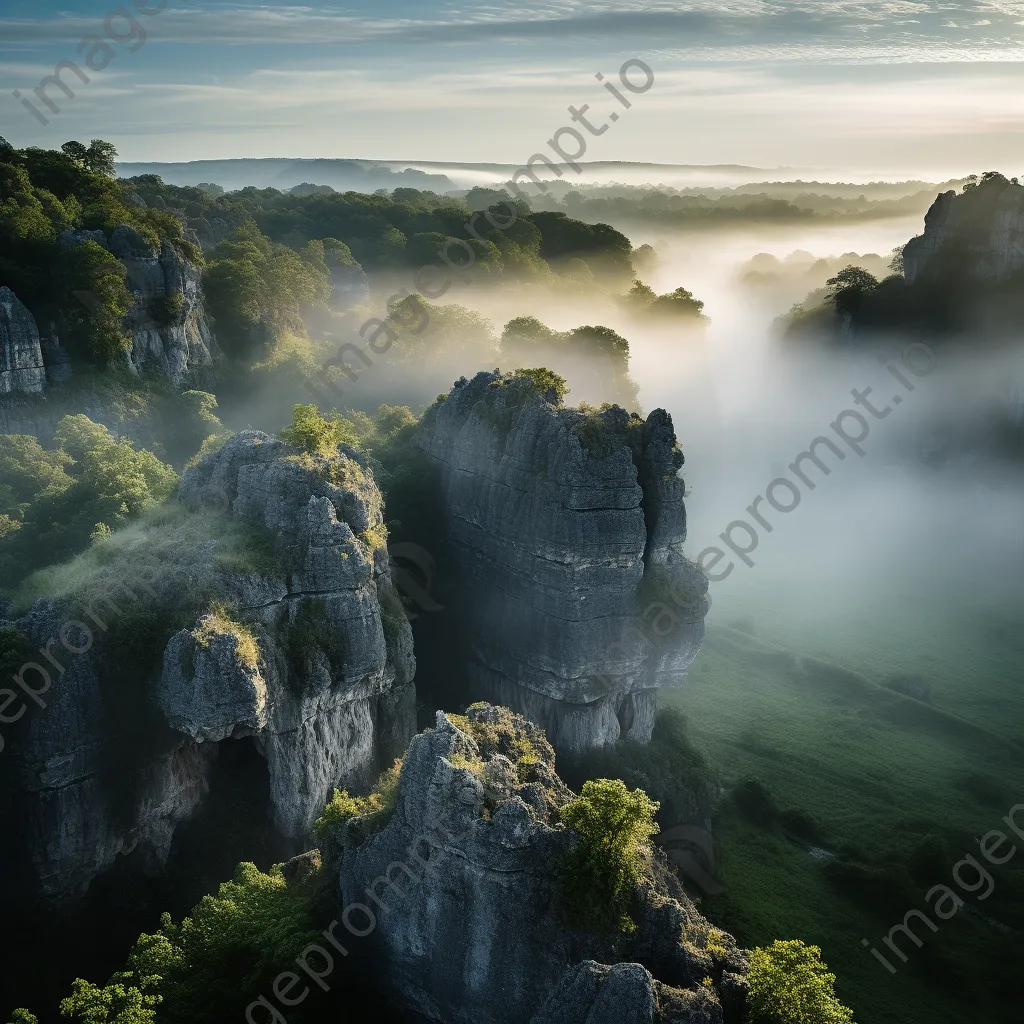 Limestone rock formations at dawn with mist in the valleys. - Image 3