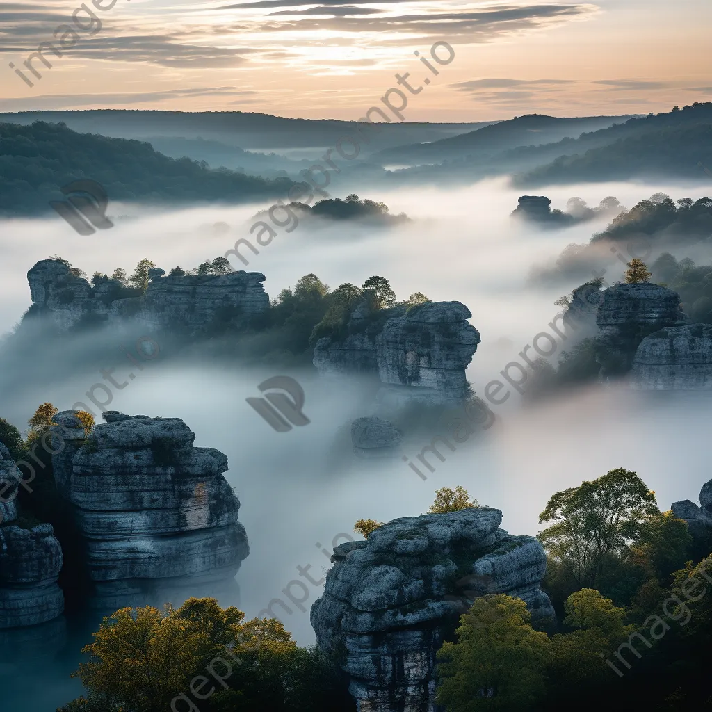 Limestone rock formations at dawn with mist in the valleys. - Image 4