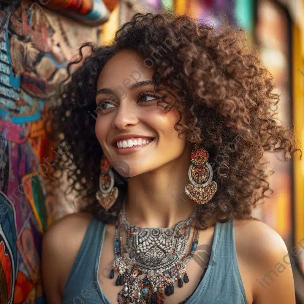 Close-up of a smiling young woman from a multicultural background in front of a colorful mural - Image 1