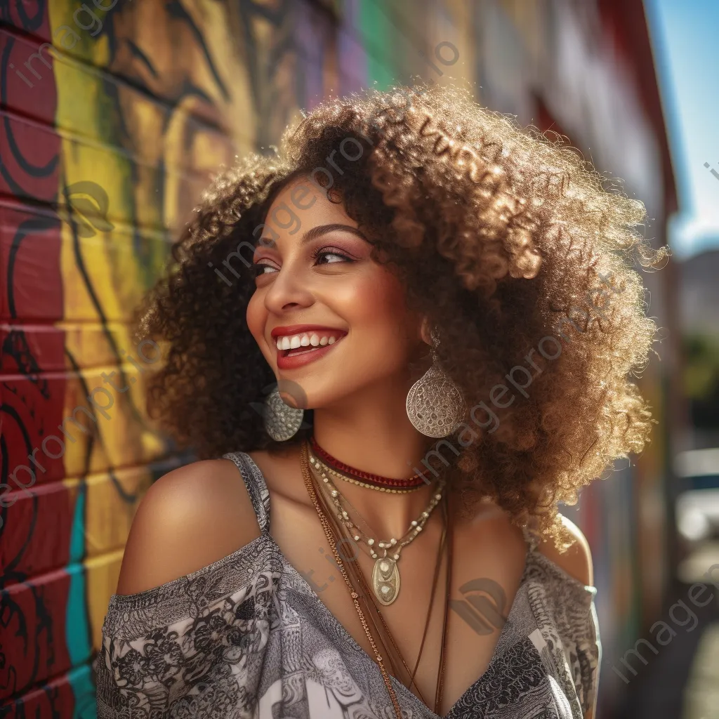 Close-up of a smiling young woman from a multicultural background in front of a colorful mural - Image 2