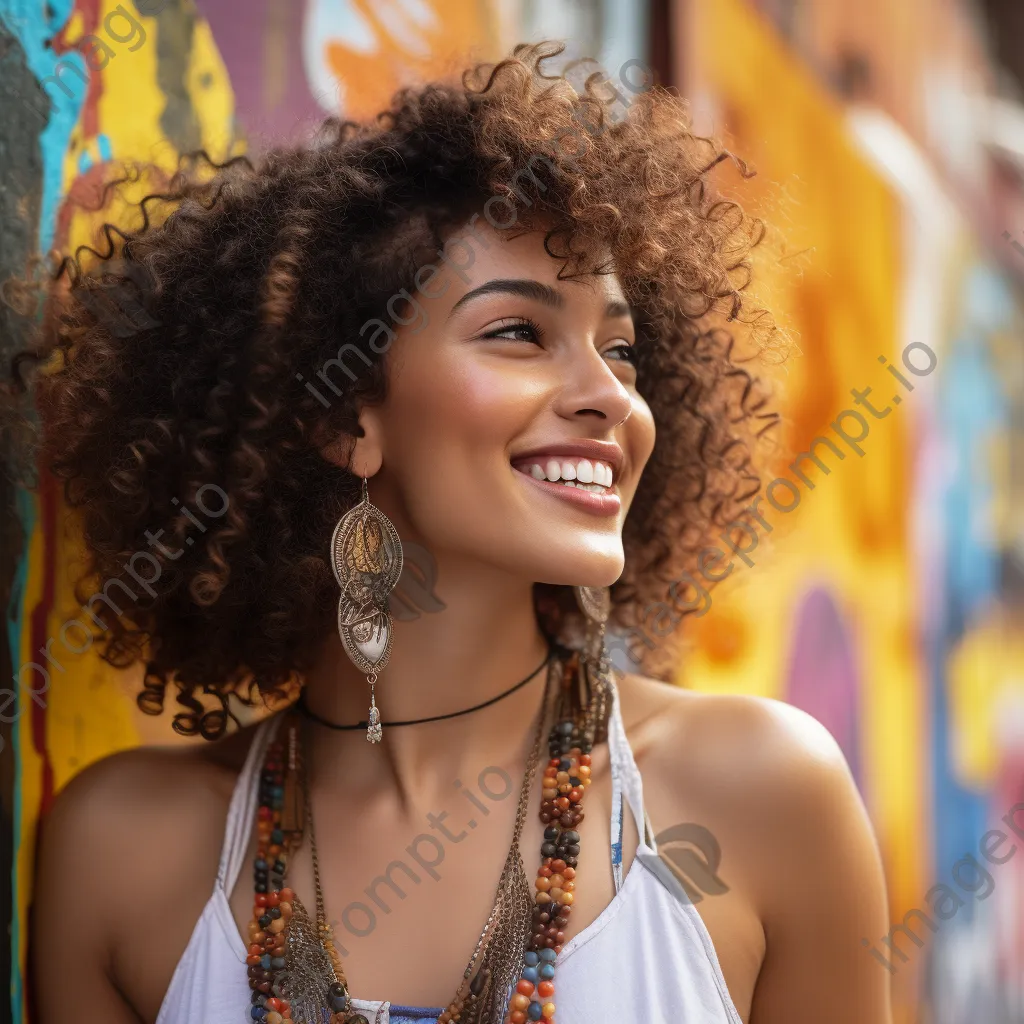 Close-up of a smiling young woman from a multicultural background in front of a colorful mural - Image 3