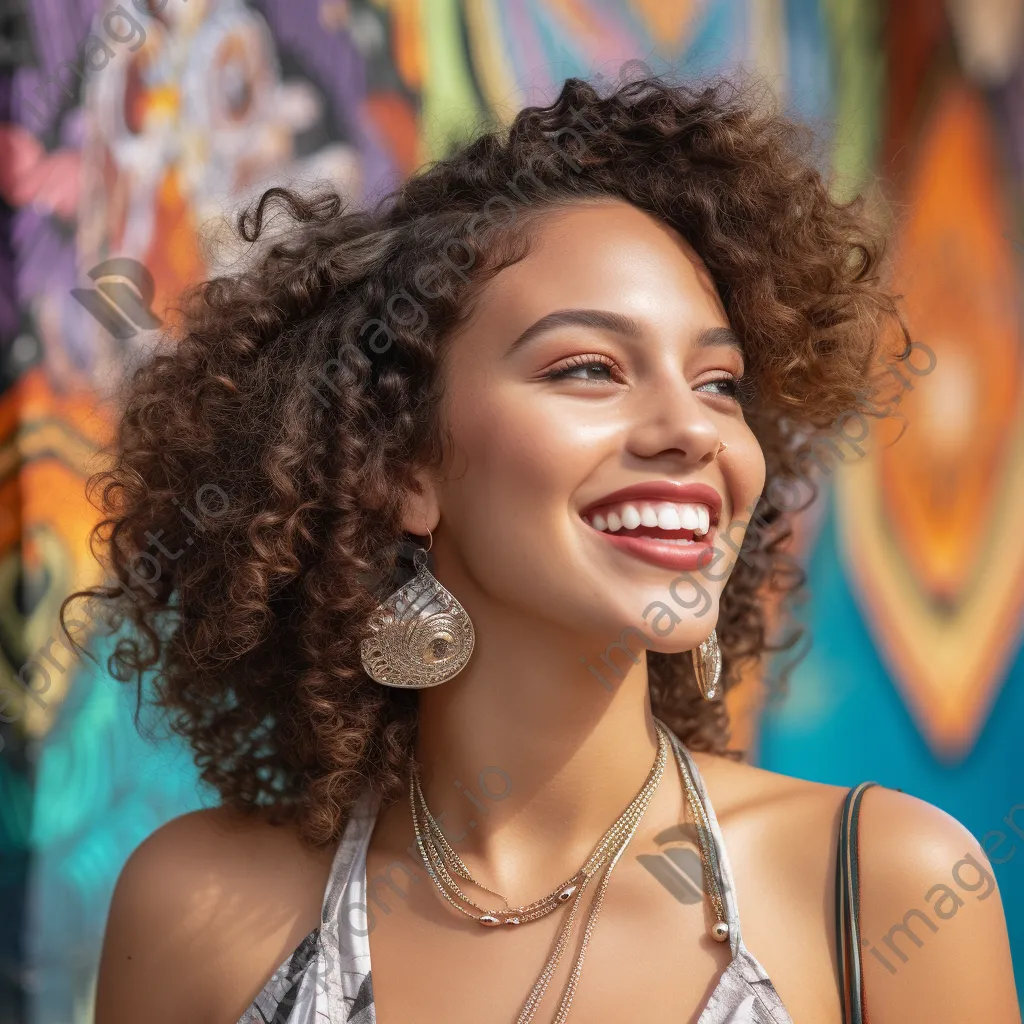 Close-up of a smiling young woman from a multicultural background in front of a colorful mural - Image 4