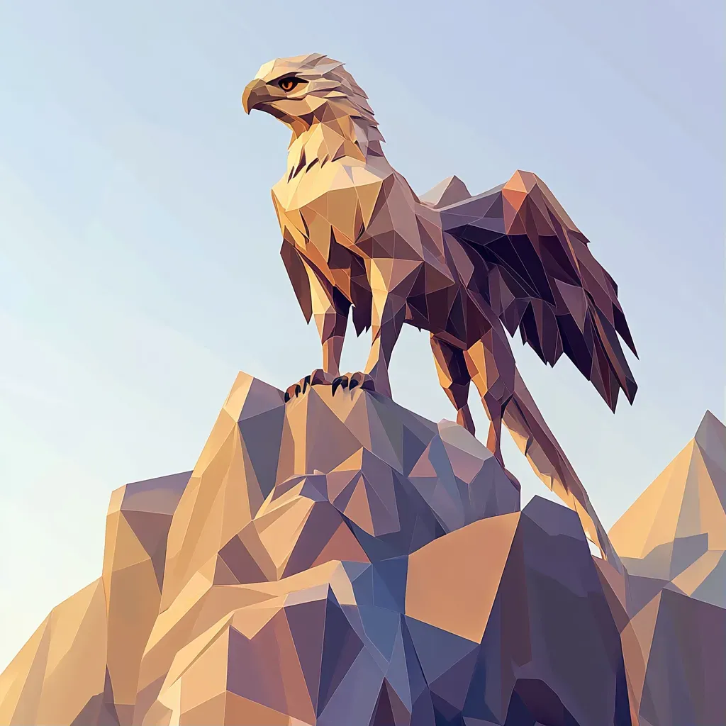 Polygonal portrayal of a griffon surveying its territory from a mountain peak - Image 1