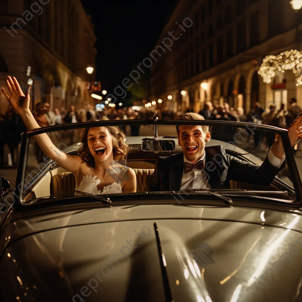 Newlyweds waving goodbye while driving away in vintage car. - Image 2