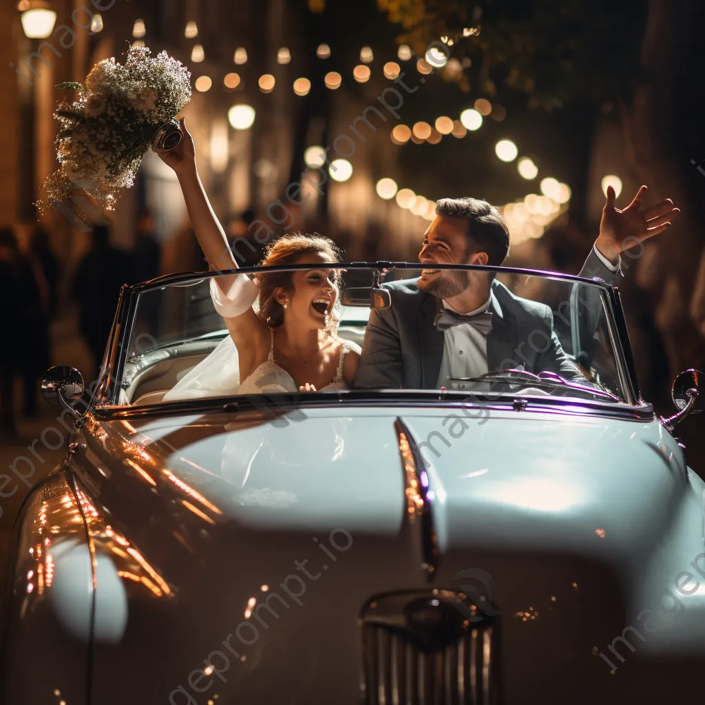 Newlyweds waving goodbye while driving away in vintage car. - Image 4