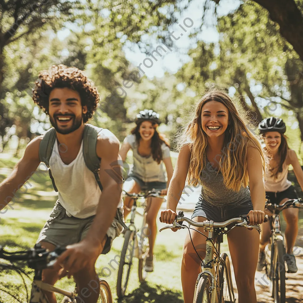 Diverse friends cycling through a park on a sunny day - Image 1