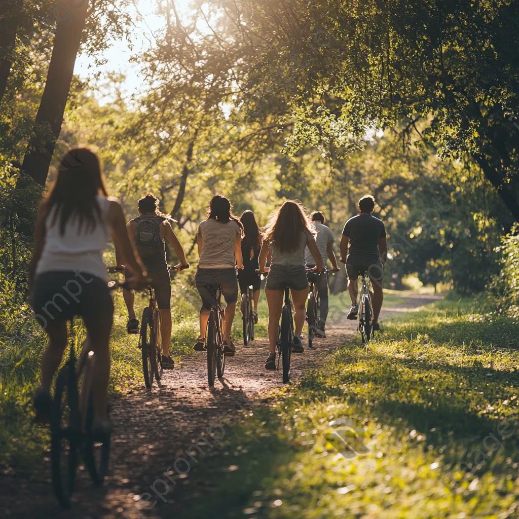 Diverse friends cycling through a park on a sunny day - Image 3