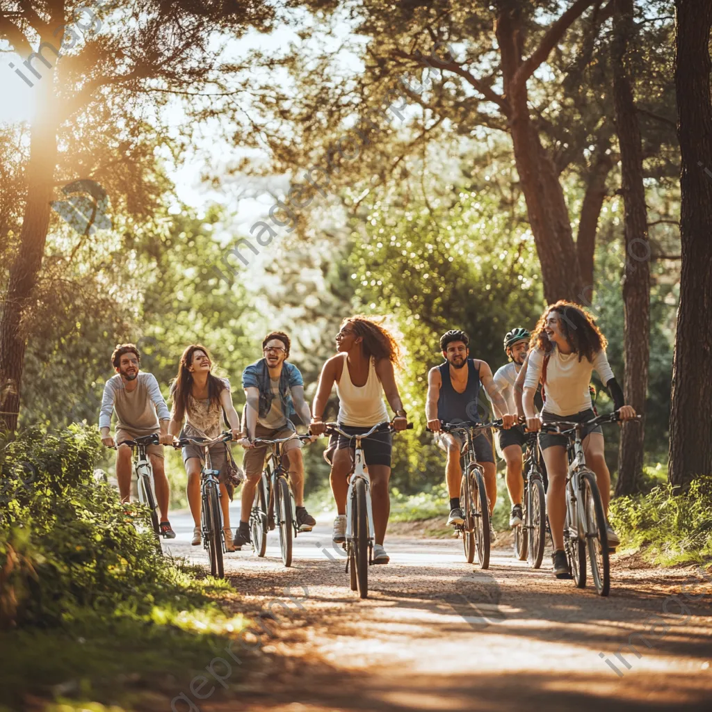 Diverse friends cycling through a park on a sunny day - Image 4