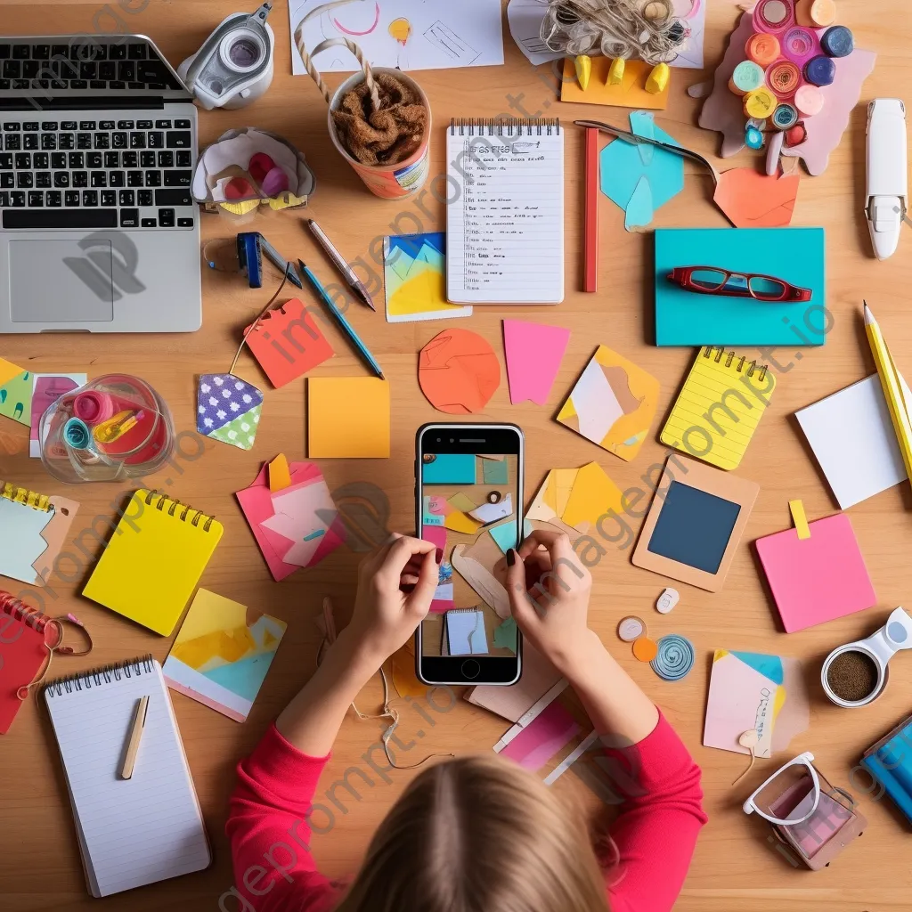 Influencer planning content on vibrant desk - Image 1