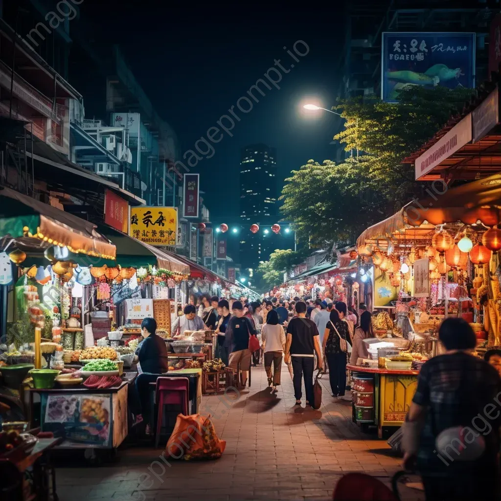 Night market with street food stalls and shoppers - Image 1