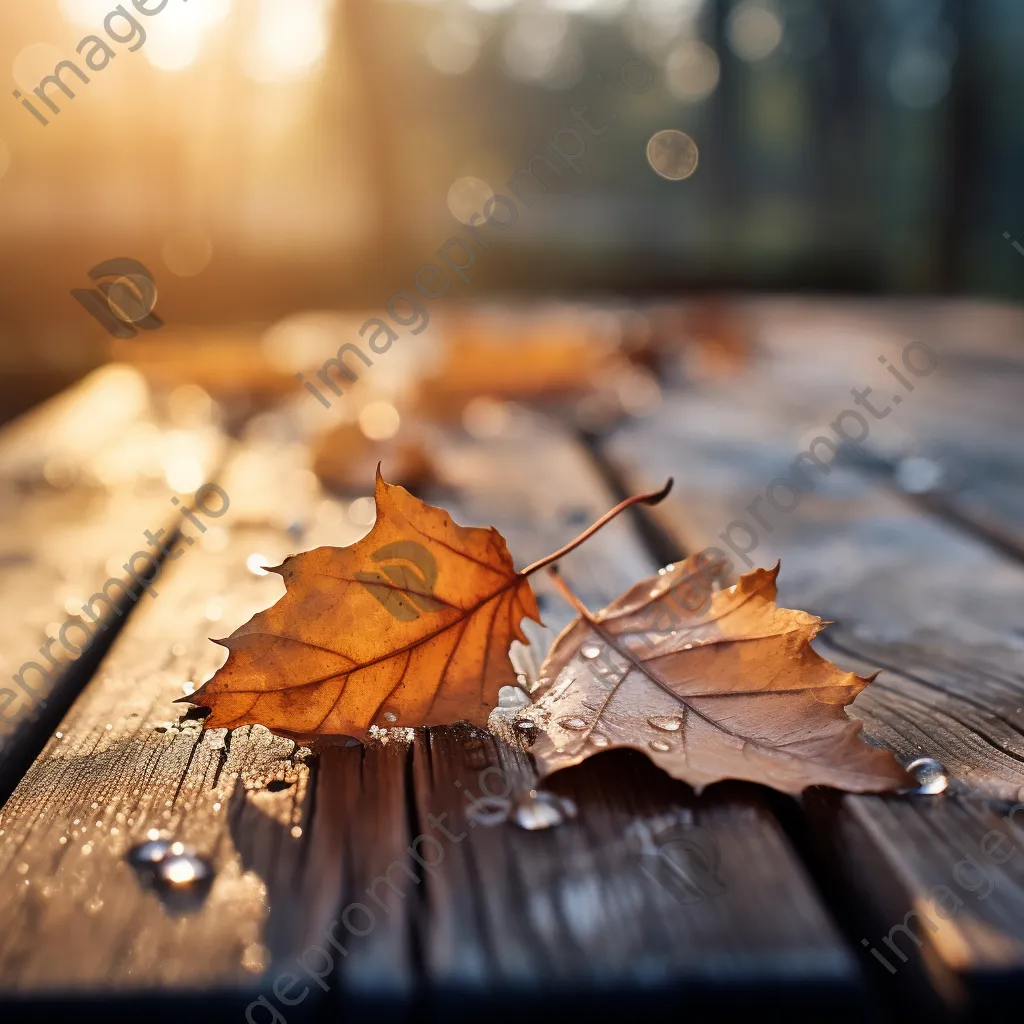 Close-up of autumn leaves with dew on a rustic wooden table - Image 1