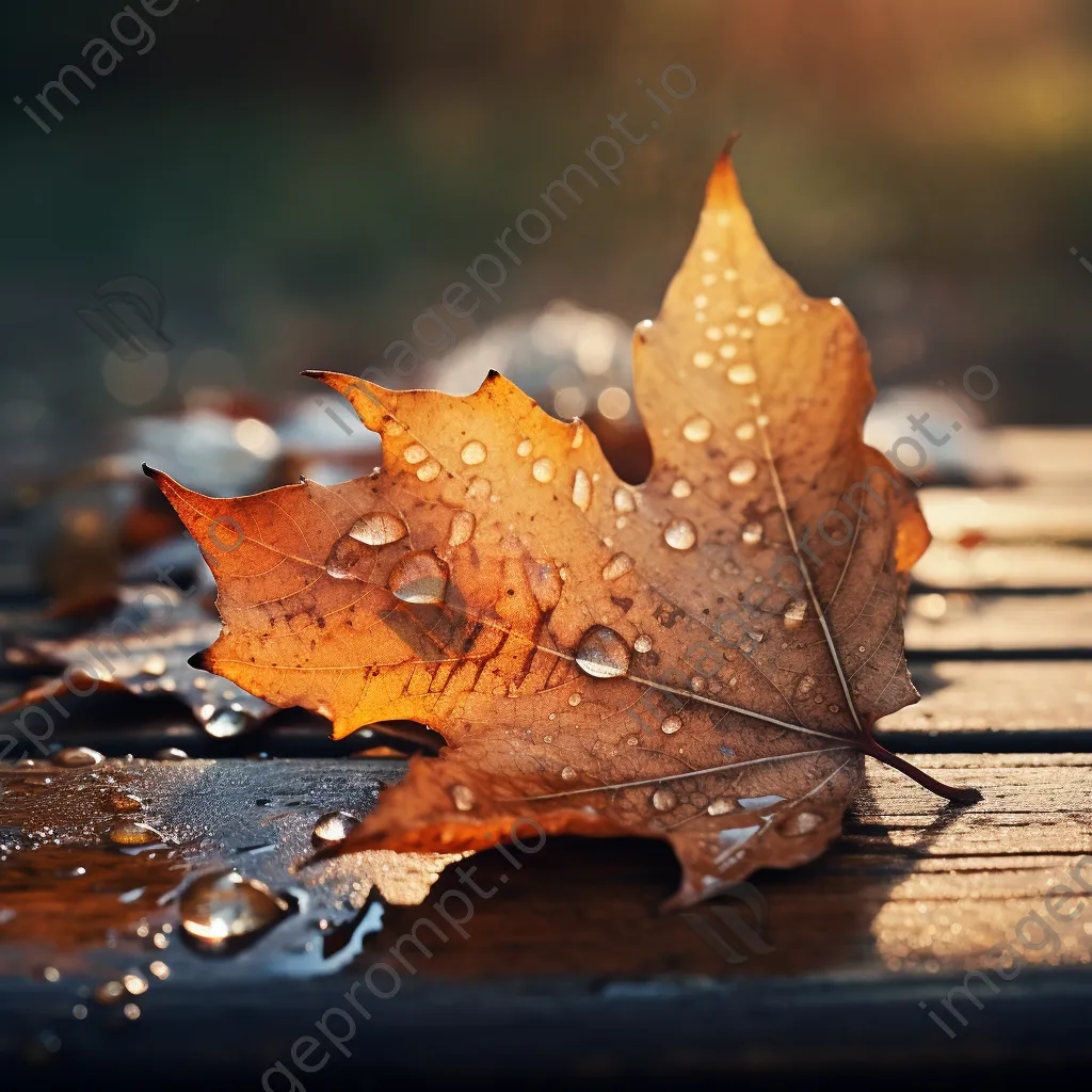 Close-up of autumn leaves with dew on a rustic wooden table - Image 2