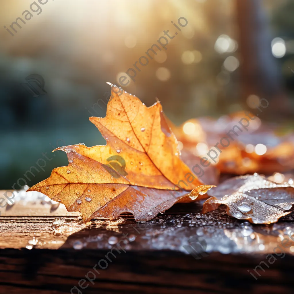 Close-up of autumn leaves with dew on a rustic wooden table - Image 3