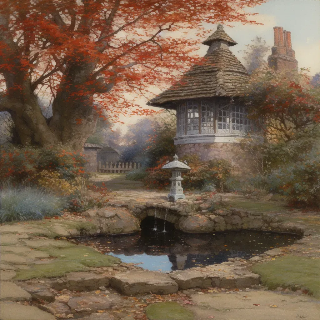 Image of a tranquil autumn garden with a Japanese maple tree and red leaves - Image 1