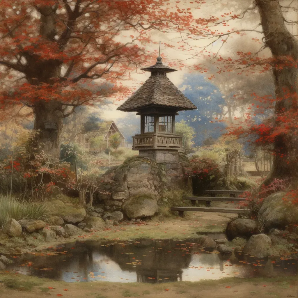 Image of a tranquil autumn garden with a Japanese maple tree and red leaves - Image 3