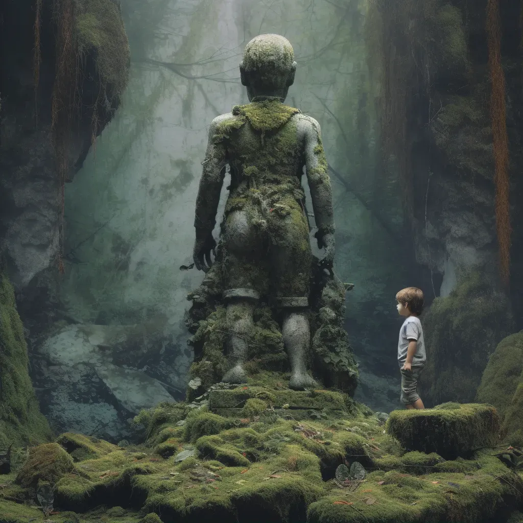 Illustration of a child looking at a decaying statue in a mossy state - Image 2