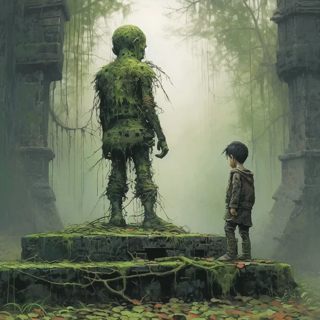 Illustration of a child looking at a decaying statue in a mossy state - Image 3