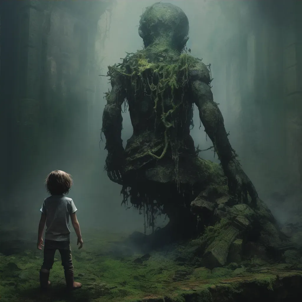 Illustration of a child looking at a decaying statue in a mossy state - Image 4