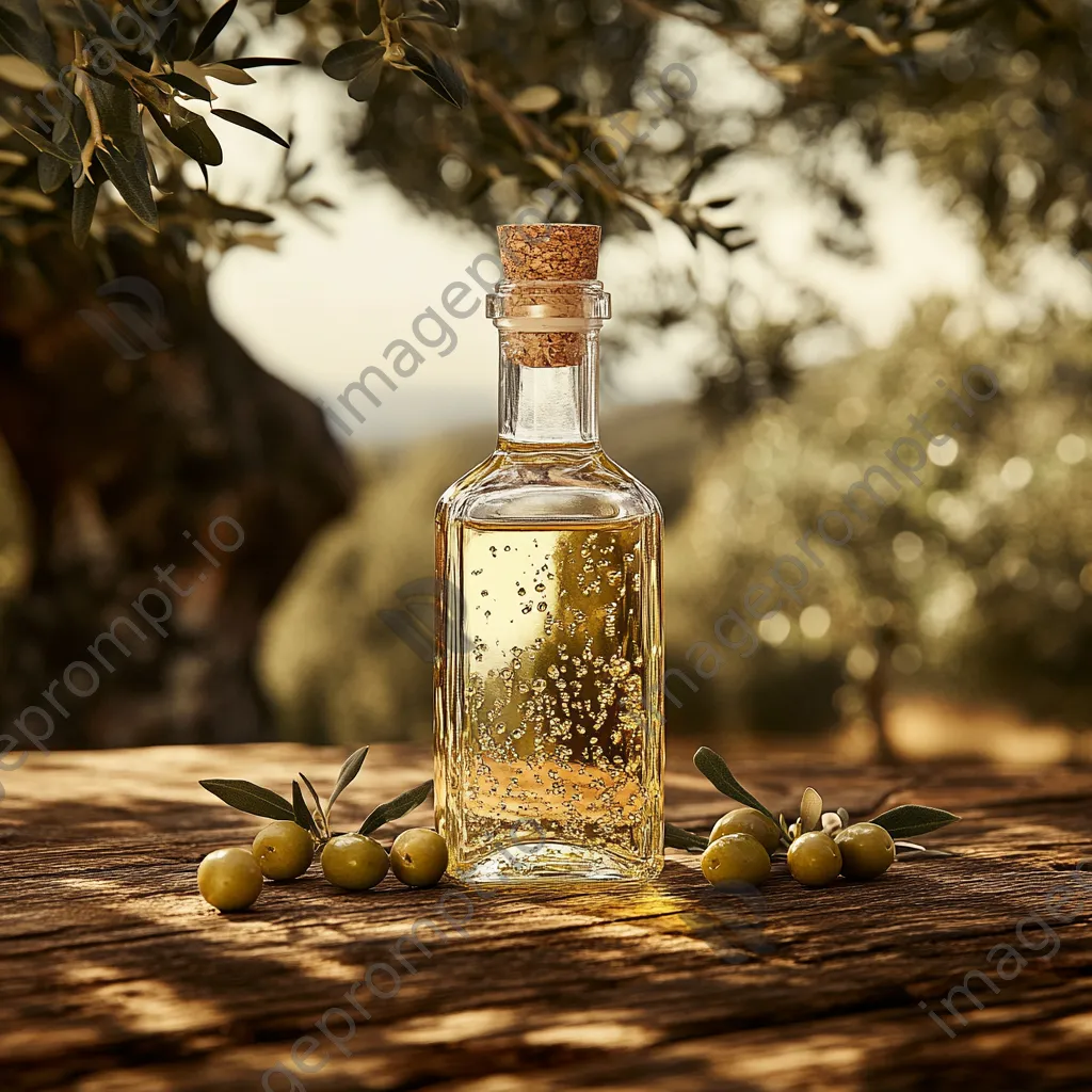 Bottle of fresh olive oil with ripe olives and leaves on a wooden table. - Image 1