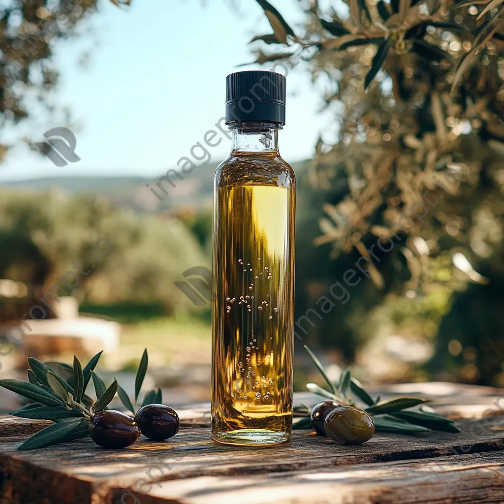 Bottle of fresh olive oil with ripe olives and leaves on a wooden table. - Image 2