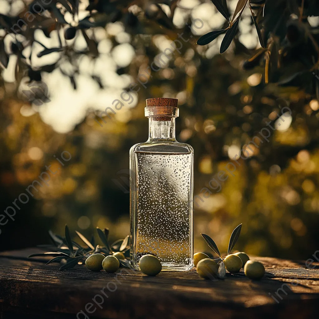 Bottle of fresh olive oil with ripe olives and leaves on a wooden table. - Image 3