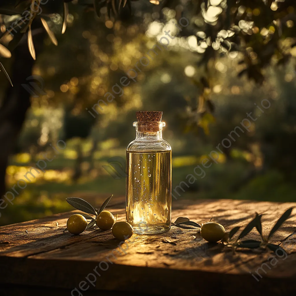 Bottle of fresh olive oil with ripe olives and leaves on a wooden table. - Image 4