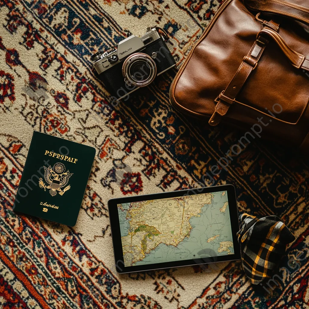 Travel essentials arranged on a patterned carpet including a tablet and passport. - Image 1