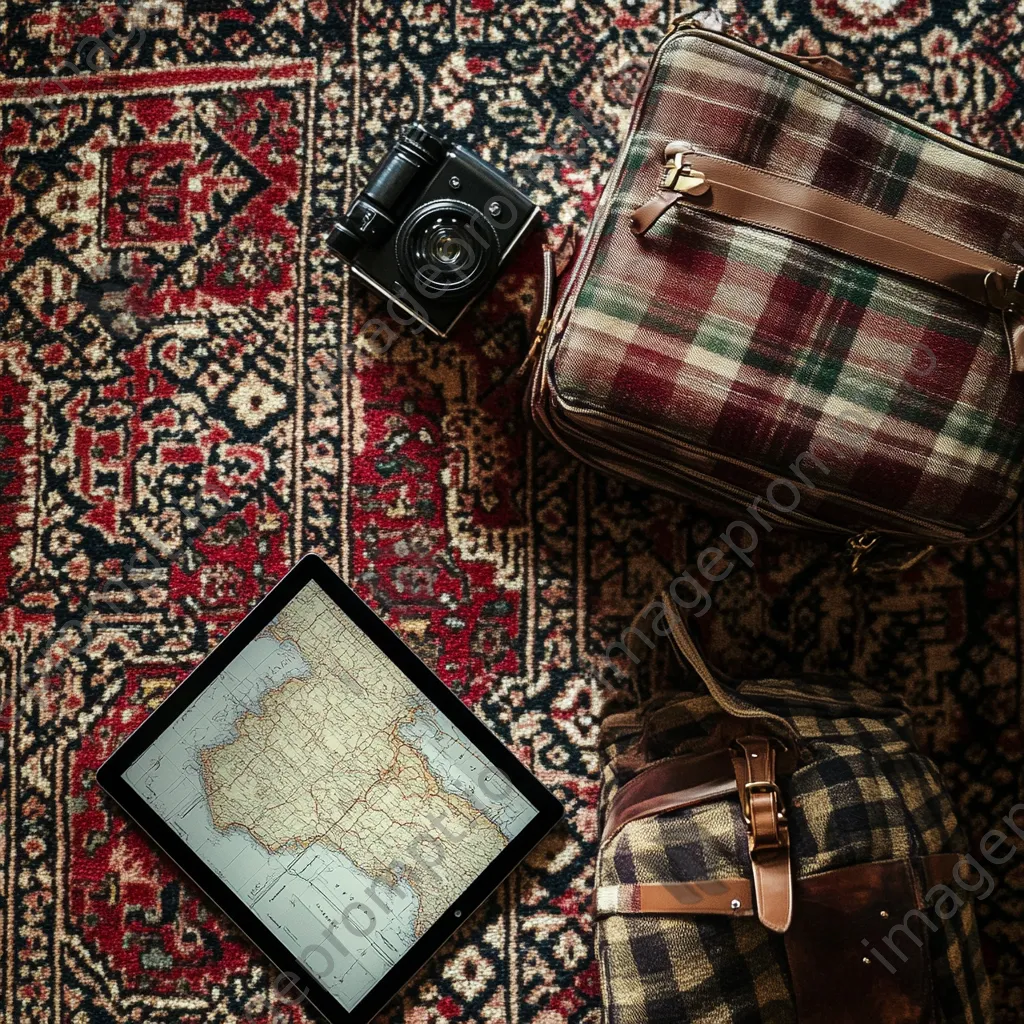 Travel essentials arranged on a patterned carpet including a tablet and passport. - Image 2