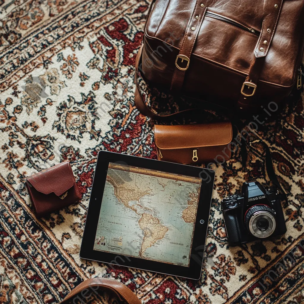 Travel essentials arranged on a patterned carpet including a tablet and passport. - Image 3