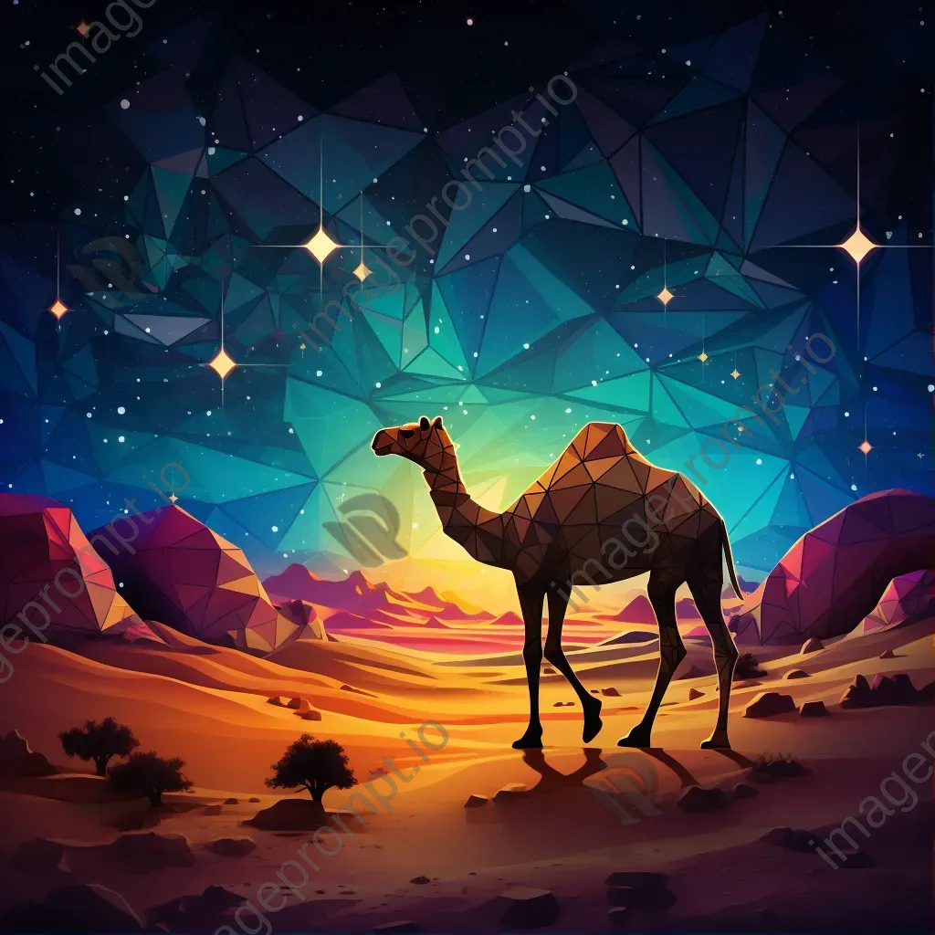 Geometric representation of a camel silhouette in desert at night in low poly style - Image 1