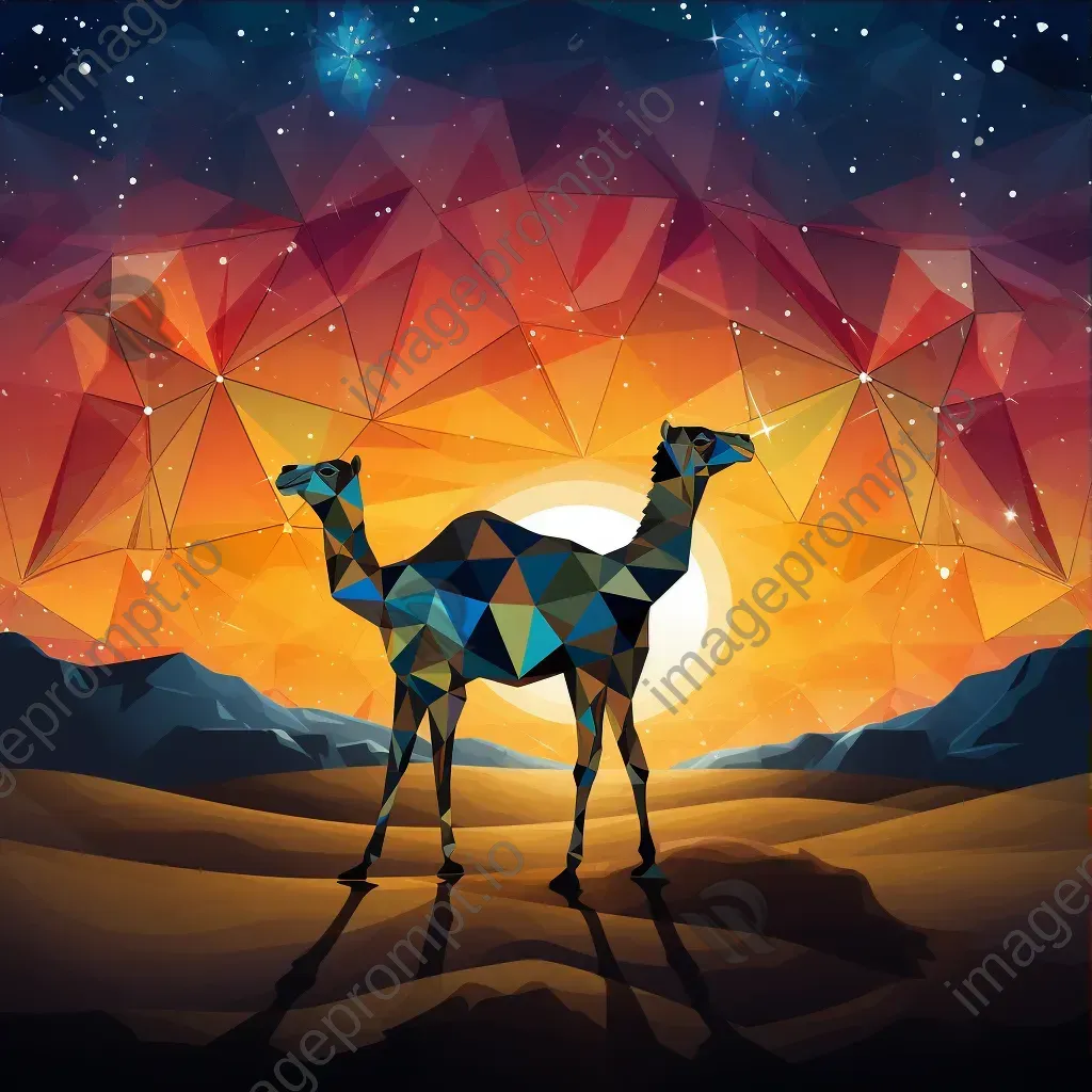 Geometric representation of a camel silhouette in desert at night in low poly style - Image 3