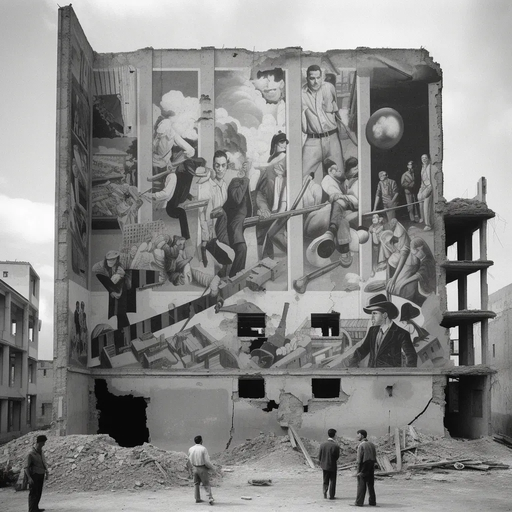 Vibrant mural on a war-torn building portraying peace and unity amid destruction - Image 1