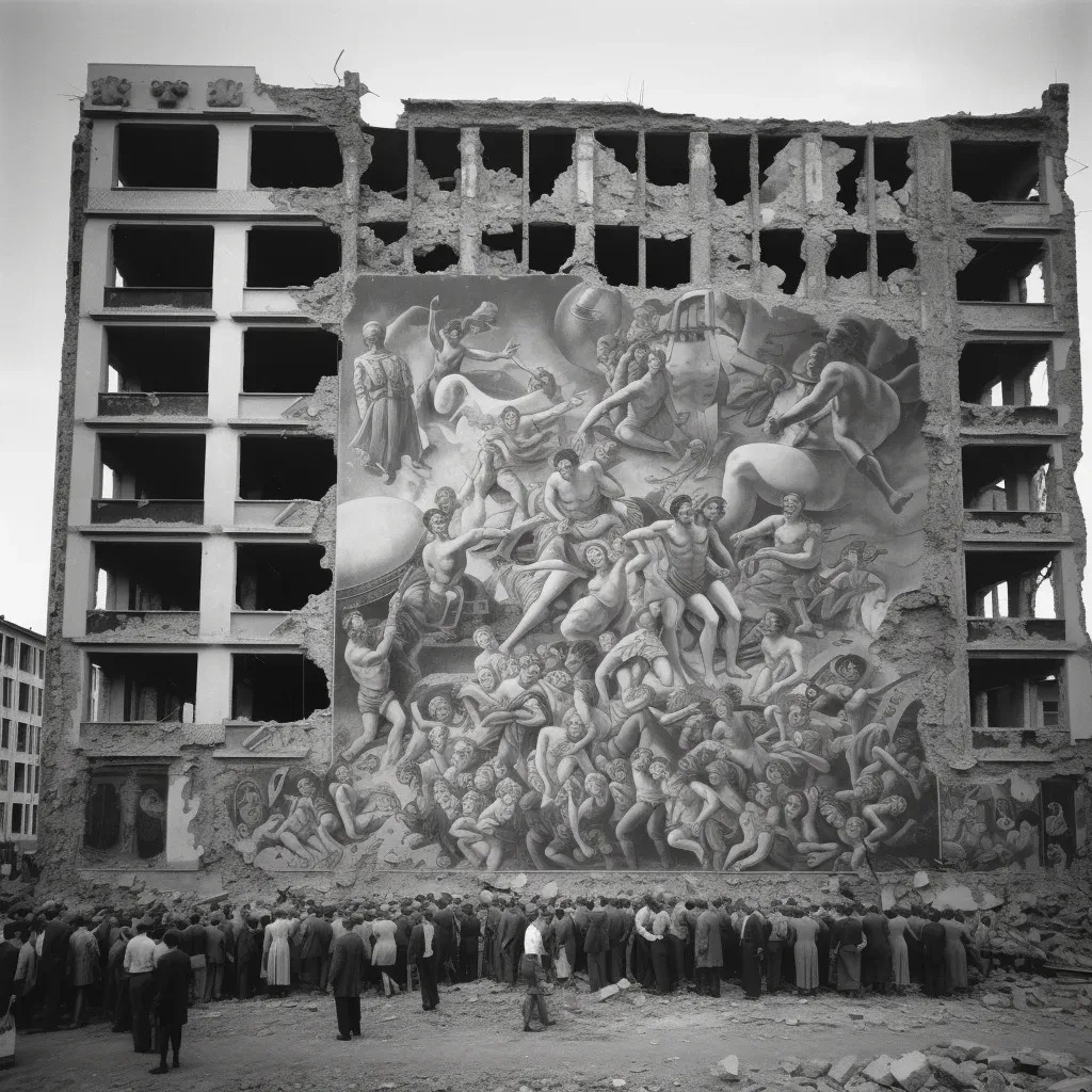 Vibrant mural on a war-torn building portraying peace and unity amid destruction - Image 2