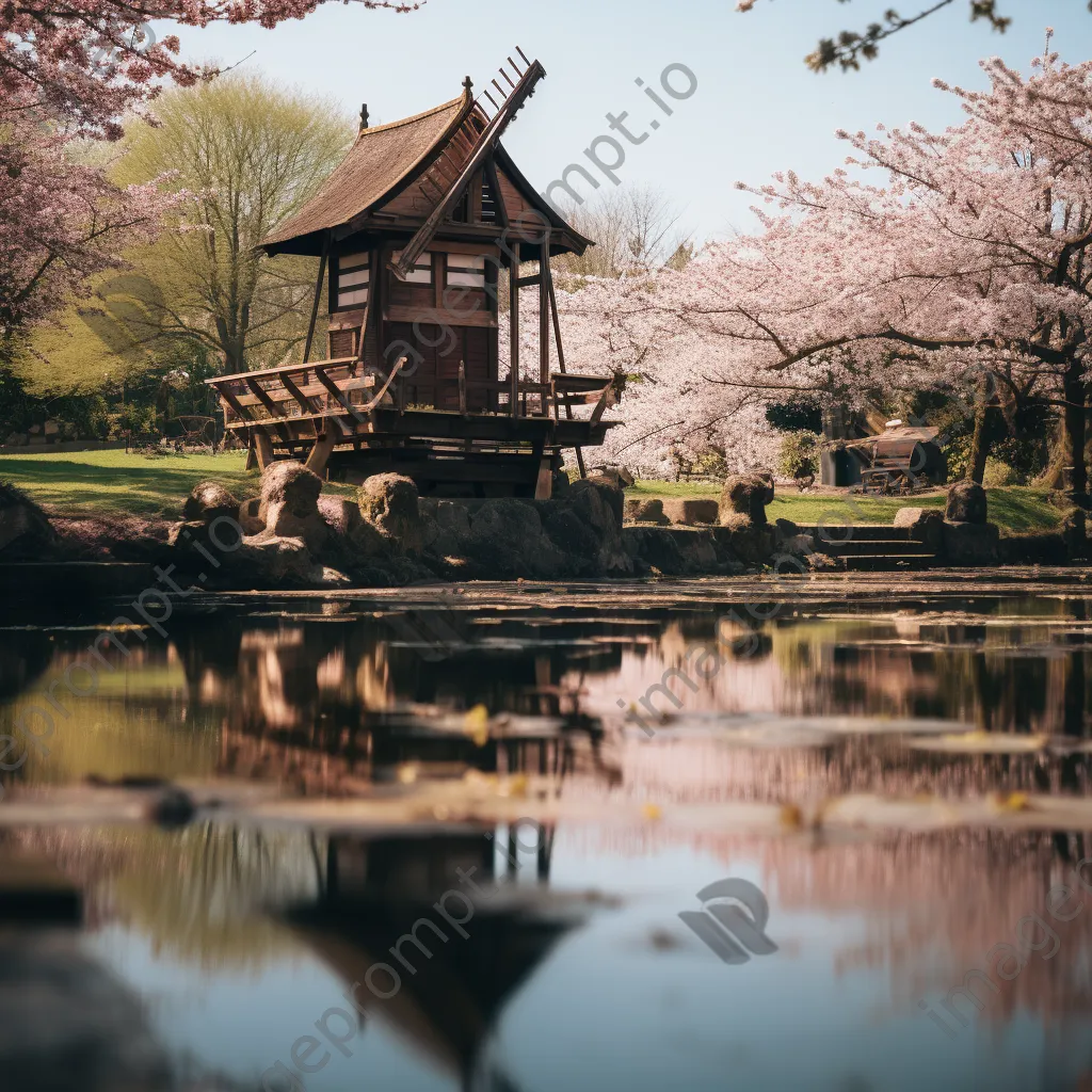 Japanese windmill within a cherry blossom garden - Image 1