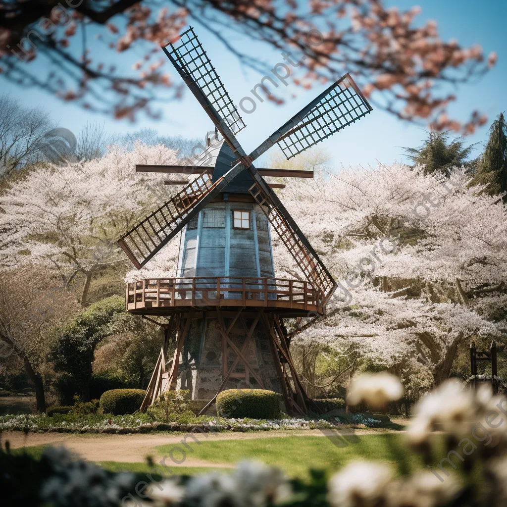 Japanese windmill within a cherry blossom garden - Image 2