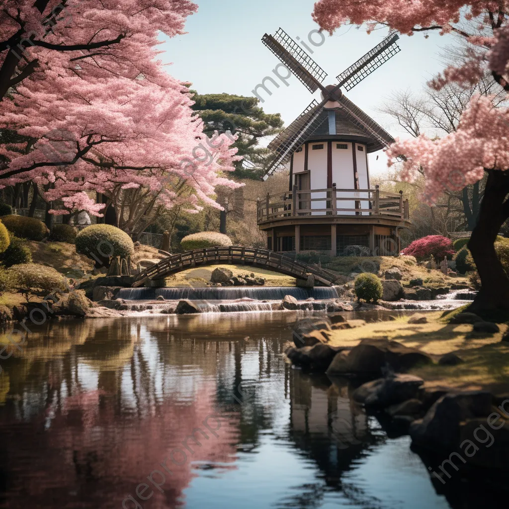 Japanese windmill within a cherry blossom garden - Image 3