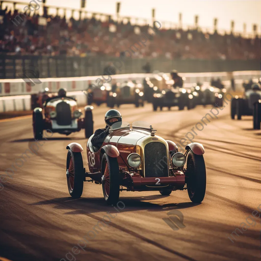 Vintage car racing event on historical racetrack with classic cars speeding past grandstands - Image 3