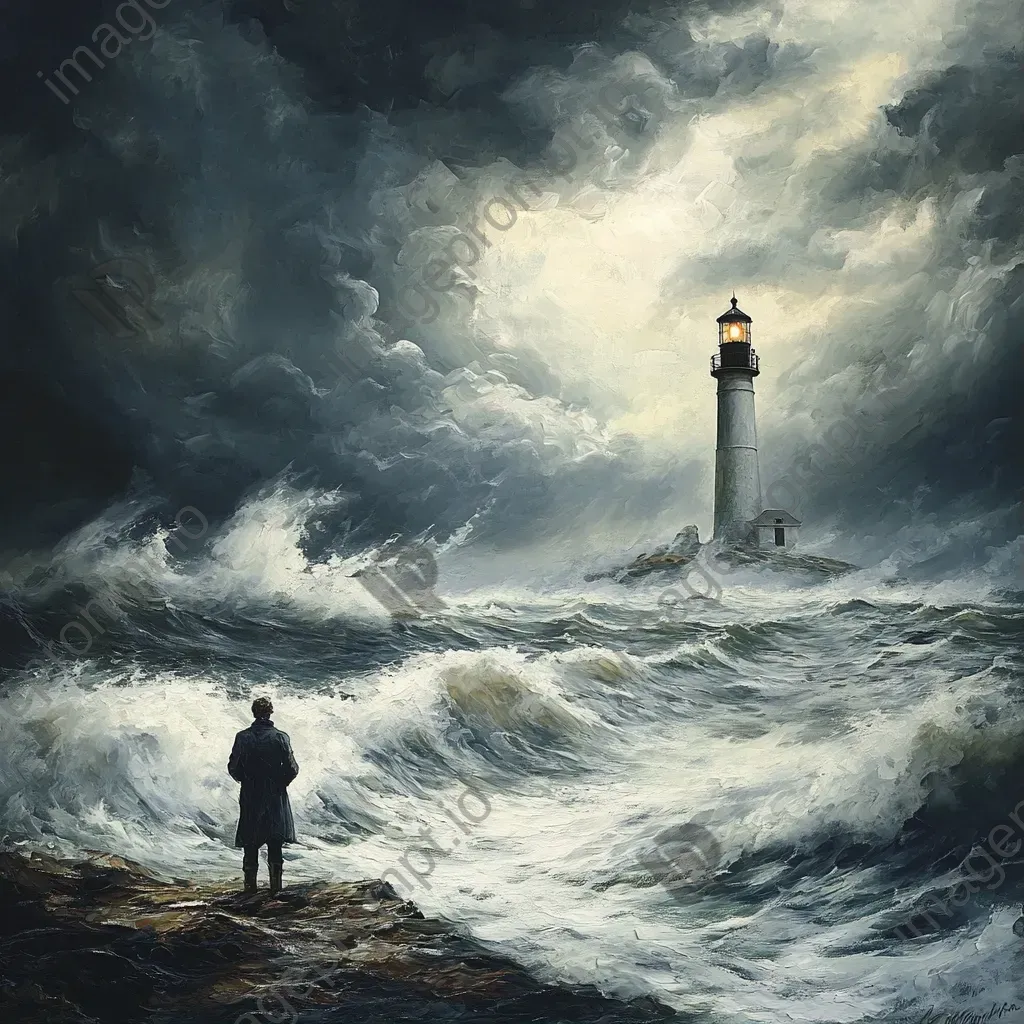 Lighthouse keeper in Romanticism style staring into the stormy sea - Image 1